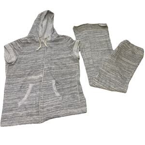 Elan Cotton Blend Heather Grey Short Sleeve Sweat SET Wide Bottom Hem Size L